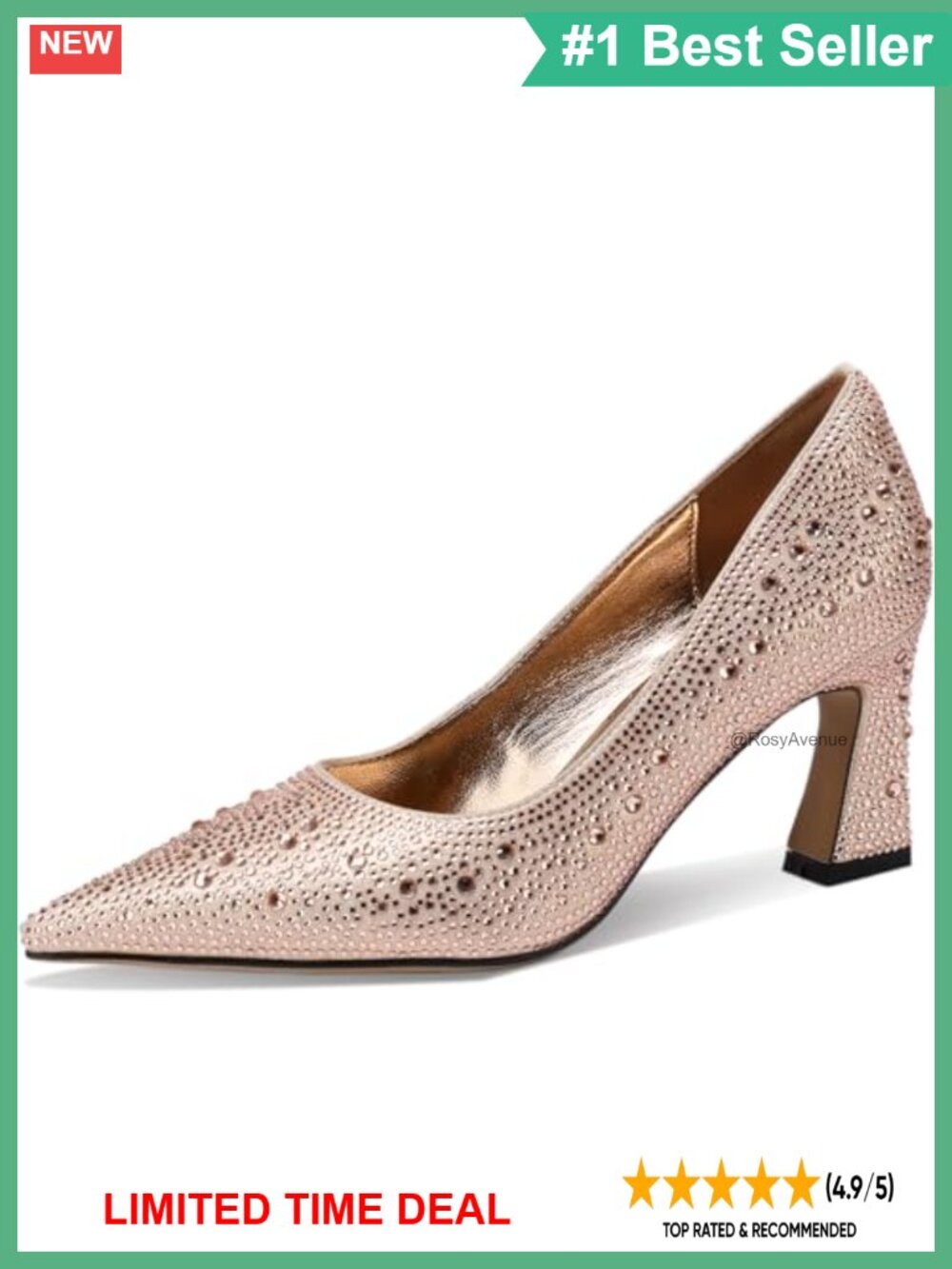 Pointed Toe Rhinestone Crystal Chunky Heel Pump Faux Leather